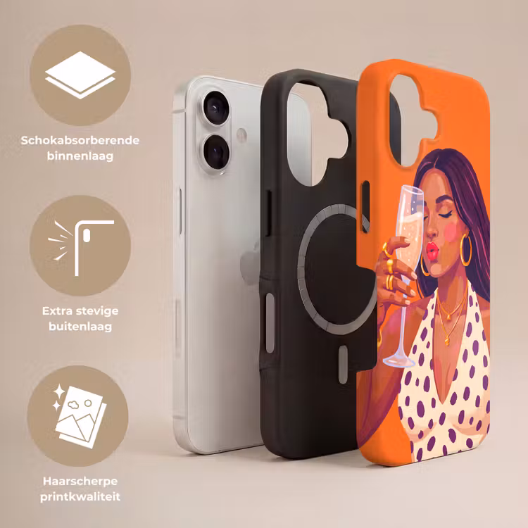Vrouw - Champagne - Feest - Modern - Oranje Toughcase MagSafe Apple iPhone 17 klein -USP_Lagen_NL