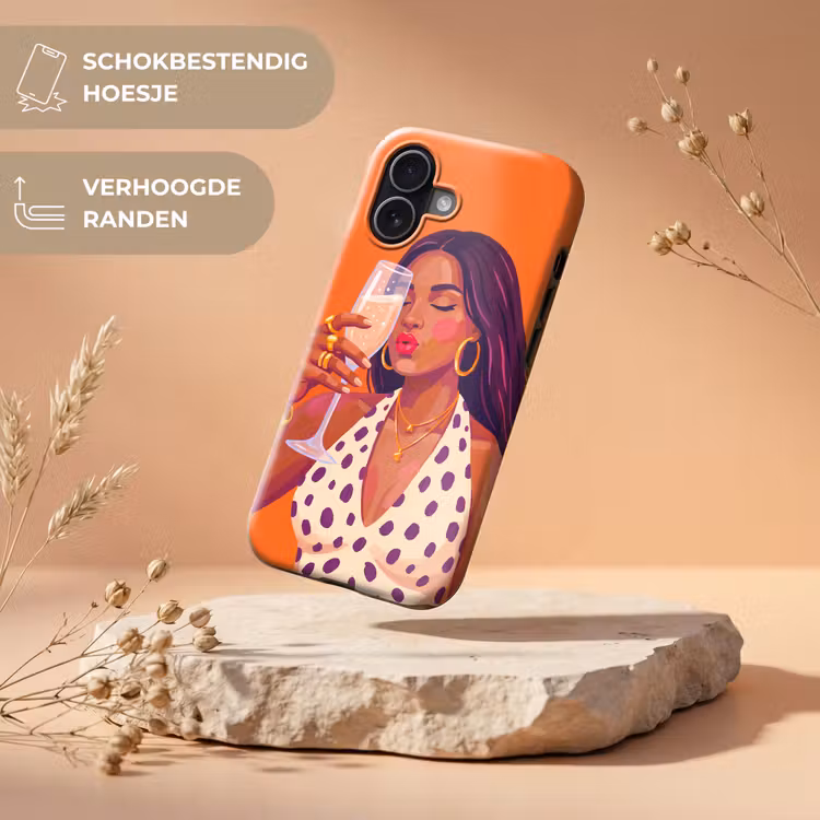 Vrouw - Champagne - Feest - Modern - Oranje Toughcase MagSafe Apple iPhone 17 klein -USP_RandenV_NL