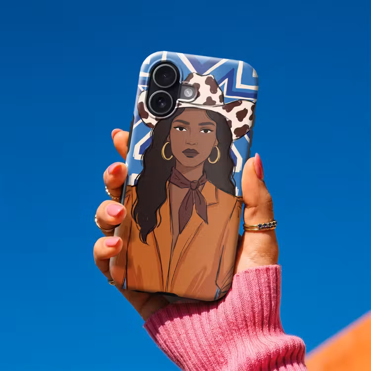 Vrouw - Cowboyhoed - Portret - Modern - Blauw Toughcase MagSafe Apple iPhone 17 klein -Sfeer1V