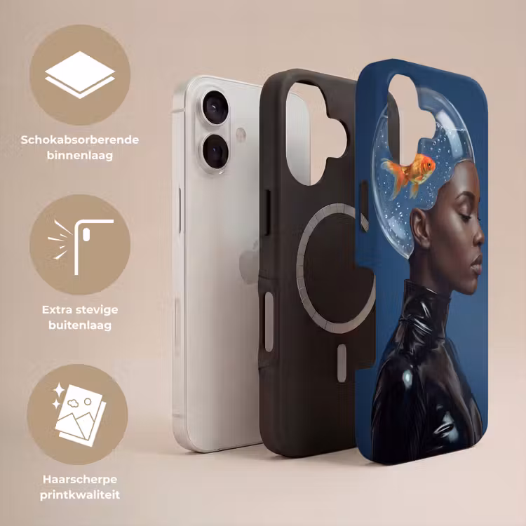 Vrouw - Goudvis - Hoofd - Abstract - Blauw Toughcase MagSafe Apple iPhone 17 klein -USP_Lagen_NL