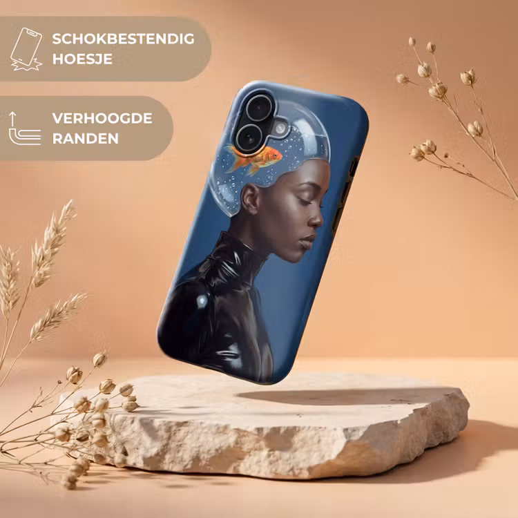 Vrouw - Goudvis - Hoofd - Abstract - Blauw Toughcase MagSafe Apple iPhone 17 klein -USP_RandenV_NL