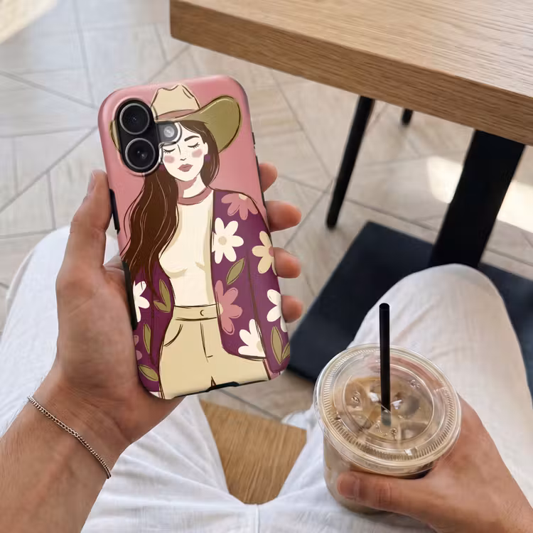 Vrouw - Hoed - Portret - Illustratie - Roze Toughcase MagSafe Apple iPhone 17 klein -Sfeer1M