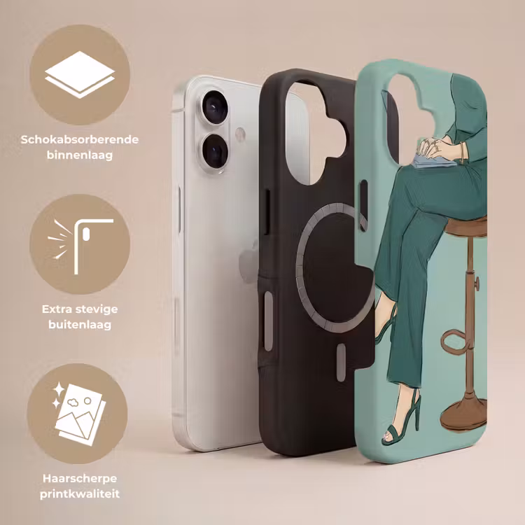 Vrouw - Laptop - Zittend - Illustratie - Groen Toughcase MagSafe Apple iPhone 17 klein -USP_Lagen_NL