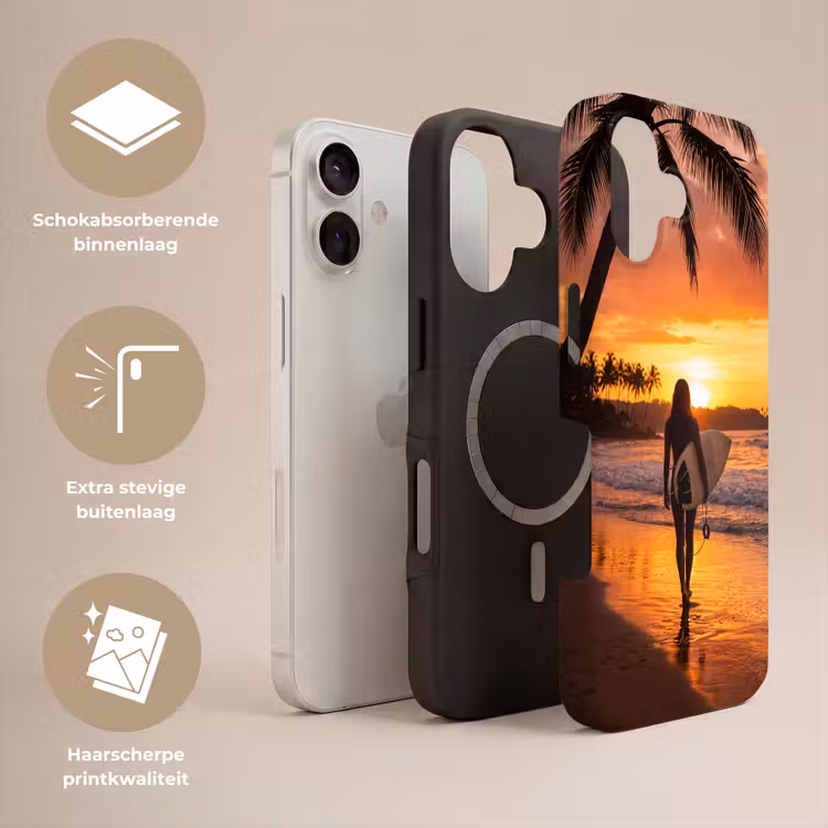 Vrouw - Surfplank - Strand - Zonsondergang - Oranje Toughcase MagSafe Apple iPhone 17 klein -USP_Lagen_NL