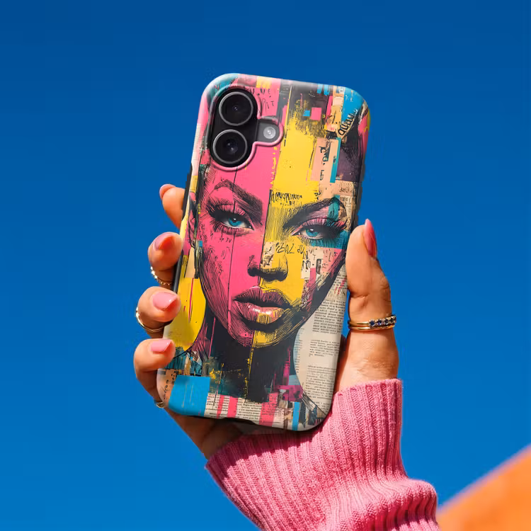 Vrouwengezicht - Krantenpapier - Abstract - Roze Toughcase MagSafe Apple iPhone 17 klein -Sfeer1V