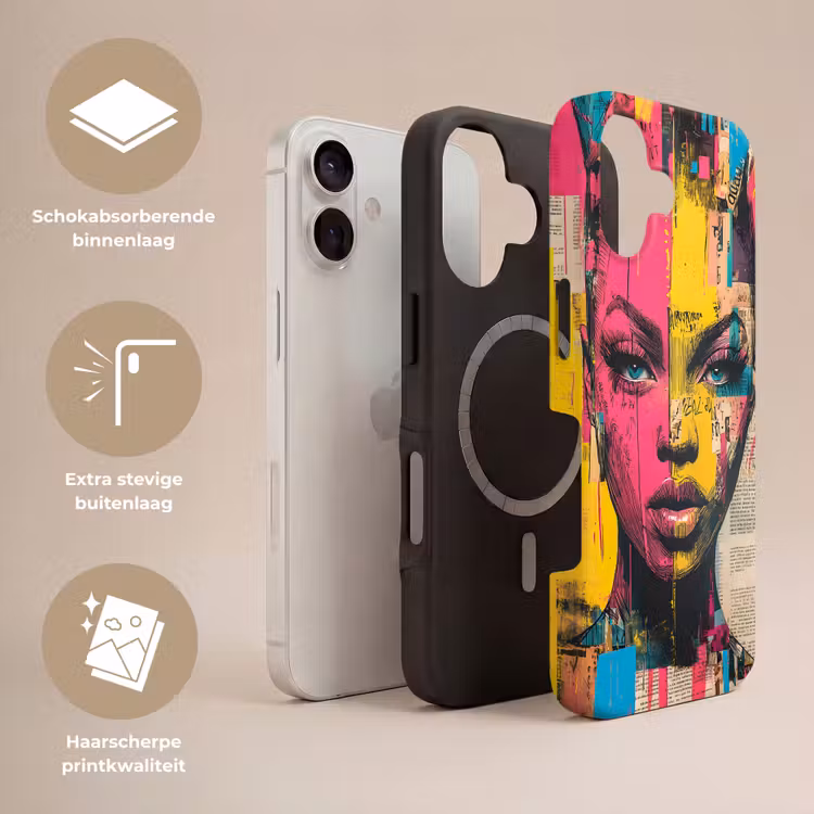 Vrouwengezicht - Krantenpapier - Abstract - Roze Toughcase MagSafe Apple iPhone 17 klein -USP_Lagen_NL