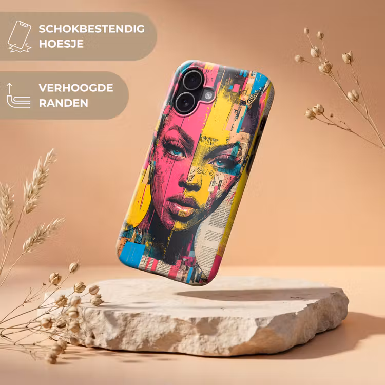 Vrouwengezicht - Krantenpapier - Abstract - Roze Toughcase MagSafe Apple iPhone 17 klein -USP_RandenV_NL