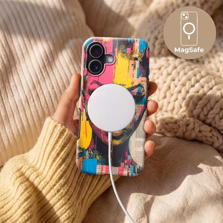 Vrouwengezicht - Krantenpapier - Abstract - Roze Toughcase MagSafe Apple iPhone 17 klein -USP_MagsafeV