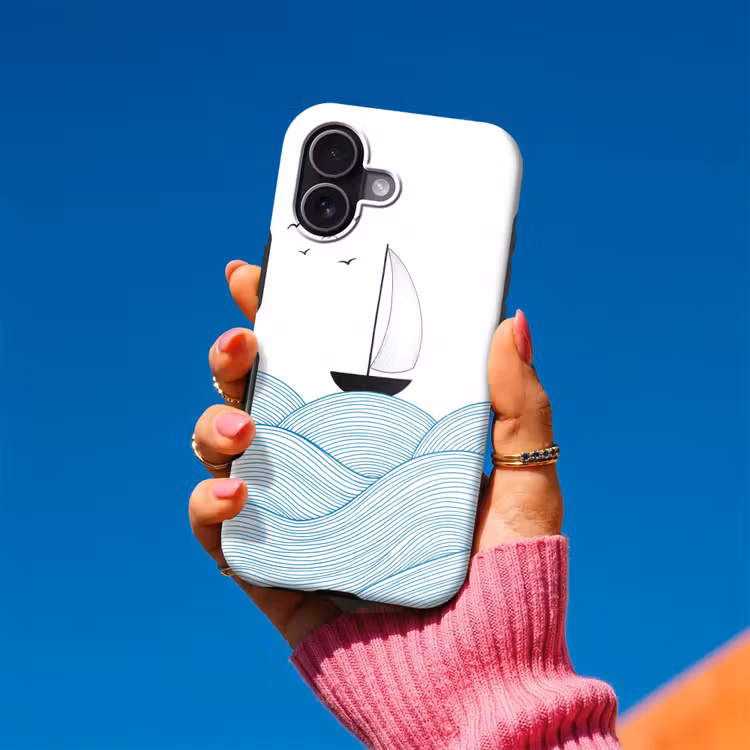 Zeilboot - Golven - Zee - Illustratie - Blauw Toughcase MagSafe Apple iPhone 17 klein -Sfeer1V