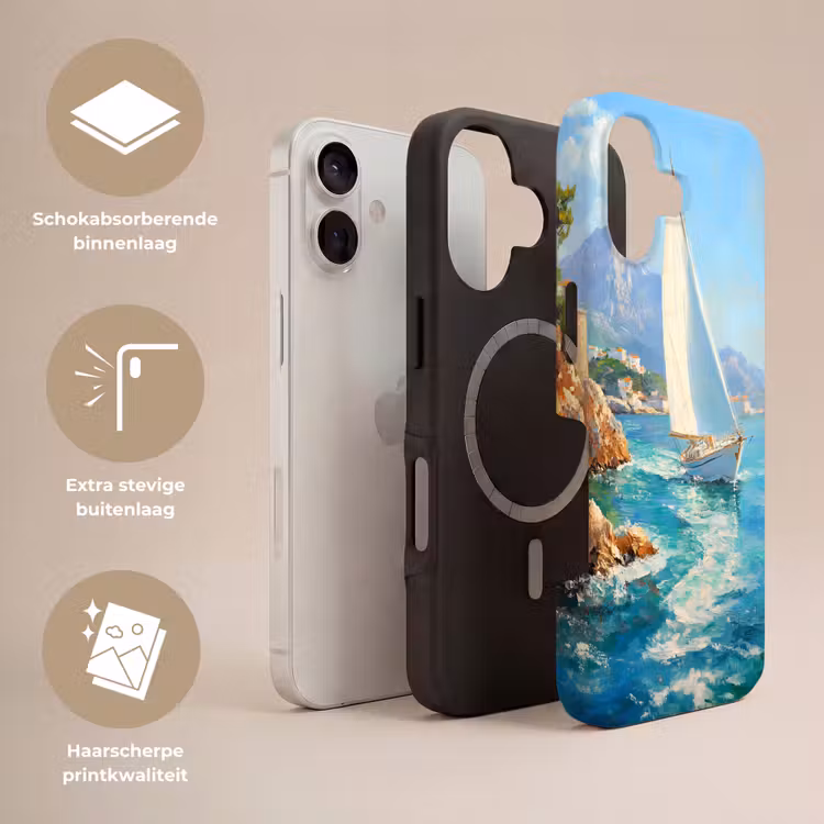 Zeilboot - Rotsen - Kust - Huizen Toughcase MagSafe Apple iPhone 17 klein -USP_Lagen_NL
