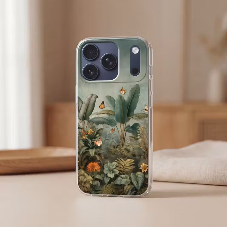 Tropisch bladerdek - Vlinders - groen - Bruin Telefoonhoesje iPhone 17 Pro klein -sfeer2