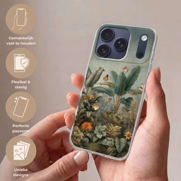 Tropisch bladerdek - Vlinders - groen - Bruin Telefoonhoesje iPhone 17 Pro klein -sfeer3_NL