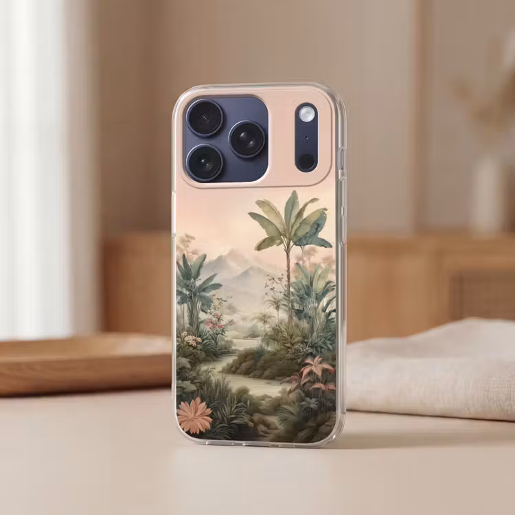 Tropisch landschap - palmbomen - Bloemen - Roze lucht Telefoonhoesje iPhone 17 Pro klein -sfeer2