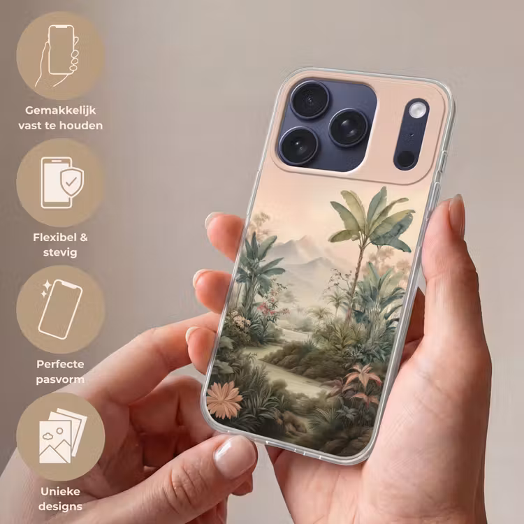 Tropisch landschap - palmbomen - Bloemen - Roze lucht Telefoonhoesje iPhone 17 Pro klein -sfeer3_NL