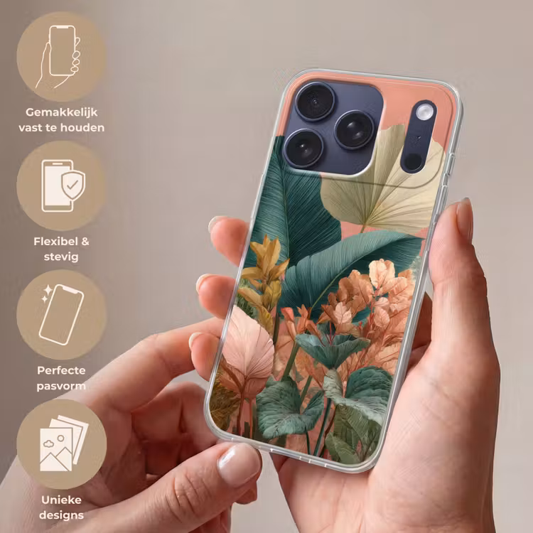 Tropische bladeren - Bloemen - Roze - groen Telefoonhoesje iPhone 17 Pro klein -sfeer3_NL
