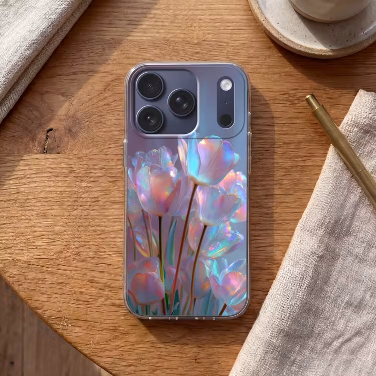 Tulpen - Glazen - Bloemblaadjes - Pasteltinten Telefoonhoesje iPhone 17 Pro klein -sfeer1