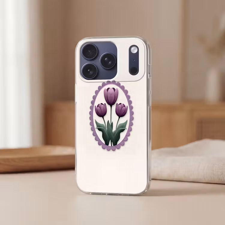 Tulpen - Paars - Lijst - Bladeren Telefoonhoesje iPhone 17 Pro klein -sfeer2