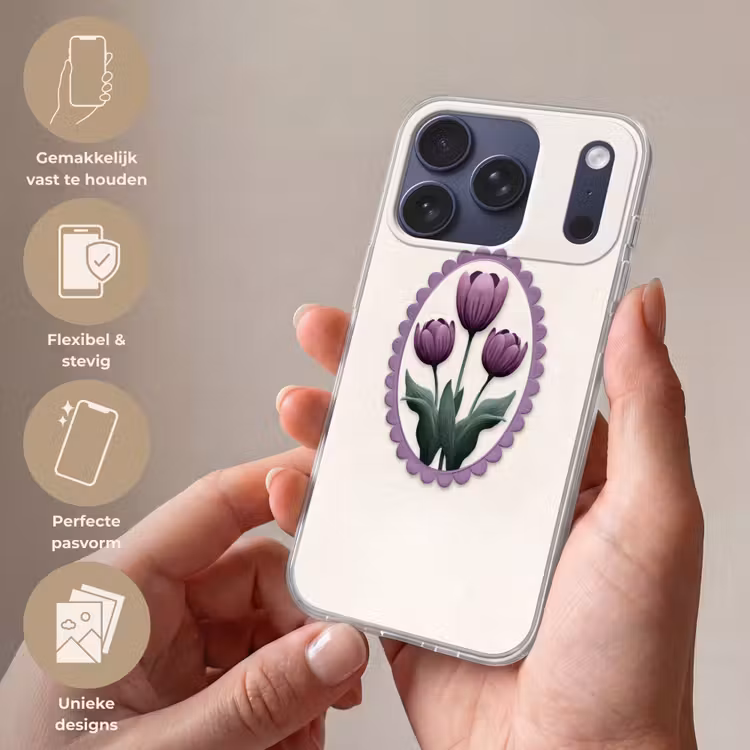 Tulpen - Paars - Lijst - Bladeren Telefoonhoesje iPhone 17 Pro klein -sfeer3_NL
