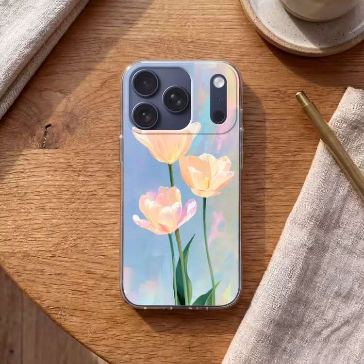 Tulpen - Roze accenten - Blauw Telefoonhoesje iPhone 17 Pro klein -sfeer1