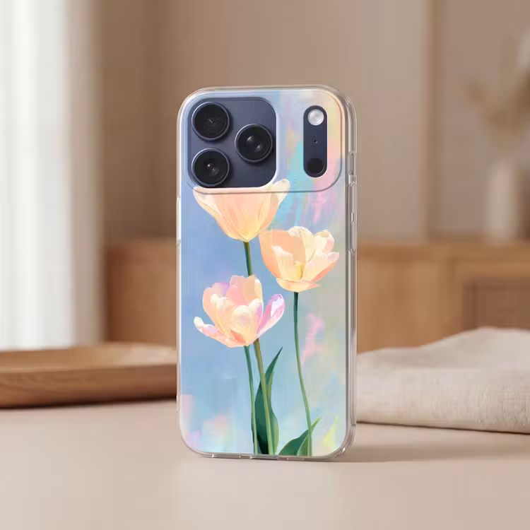 Tulpen - Roze accenten - Blauw Telefoonhoesje iPhone 17 Pro klein -sfeer2