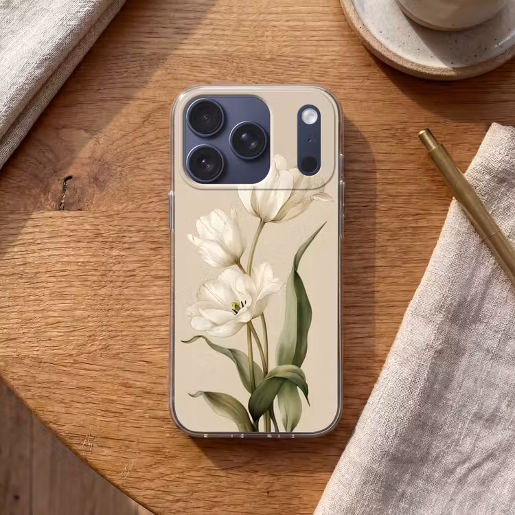 Tulpen - Wit - Bladeren Telefoonhoesje iPhone 17 Pro klein -sfeer1
