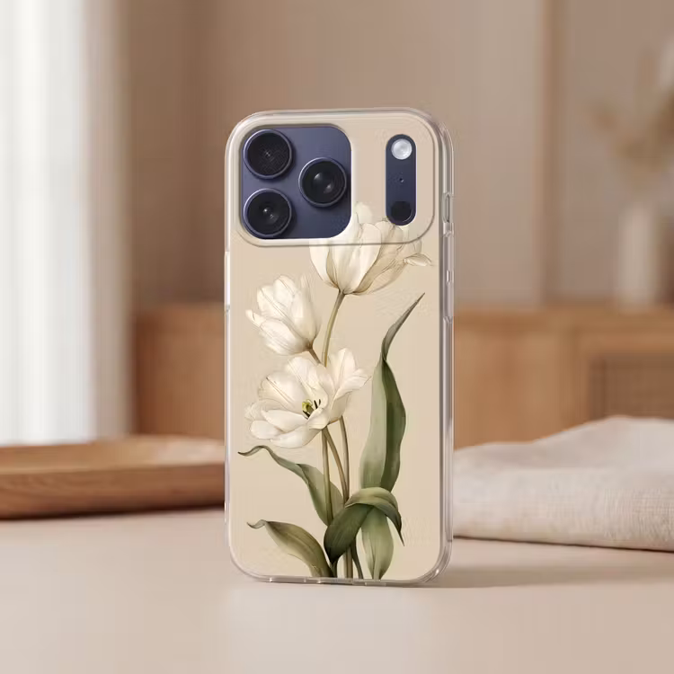 Tulpen - Wit - Bladeren Telefoonhoesje iPhone 17 Pro klein -sfeer2