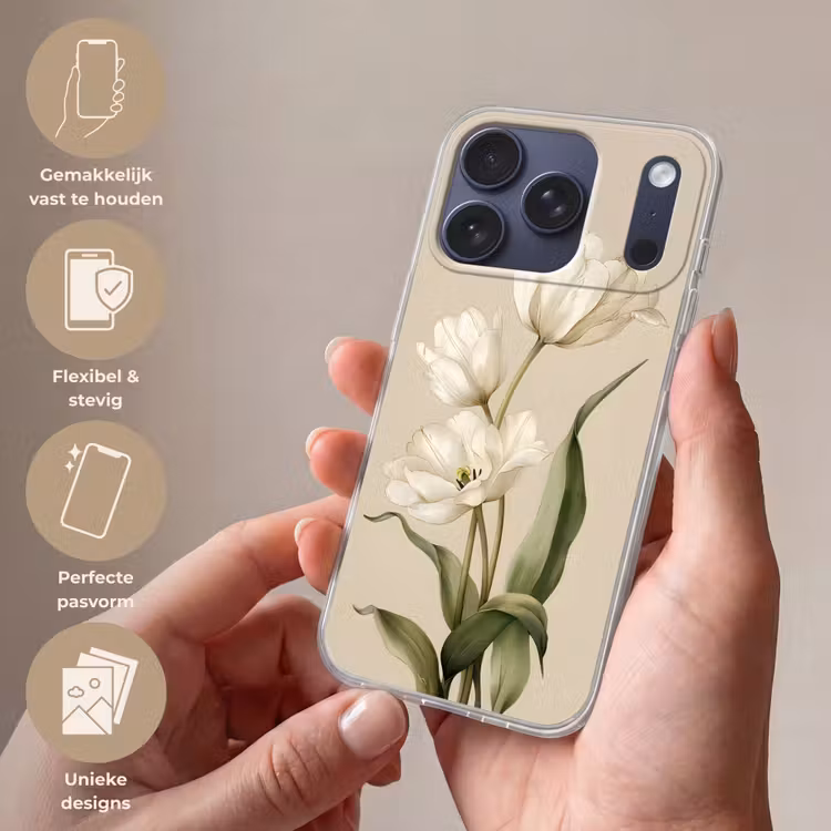Tulpen - Wit - Bladeren Telefoonhoesje iPhone 17 Pro klein -sfeer3_NL