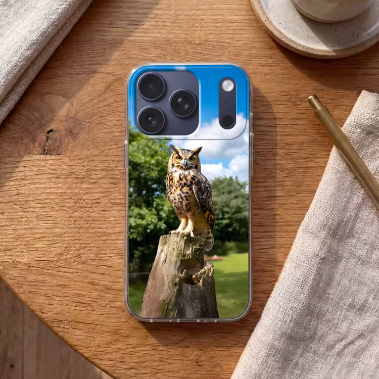 Uil - Boomstronk - Bos - Lucht Telefoonhoesje iPhone 17 Pro klein -sfeer1