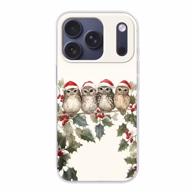 Uilen - Tak - Hulstblaadjes - Kerstmuts Telefoonhoesje iPhone 17 Pro klein -3d