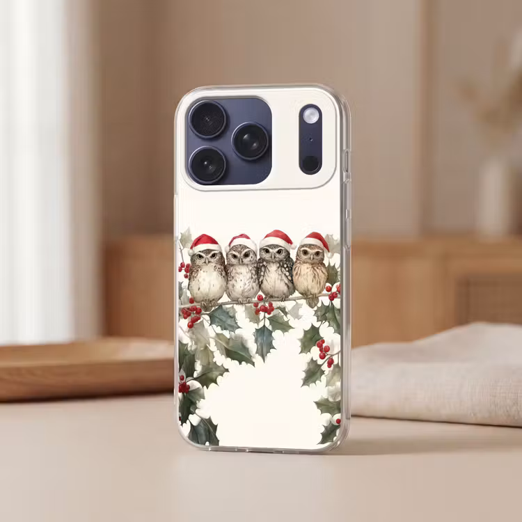 Uilen - Tak - Hulstblaadjes - Kerstmuts Telefoonhoesje iPhone 17 Pro klein -sfeer2