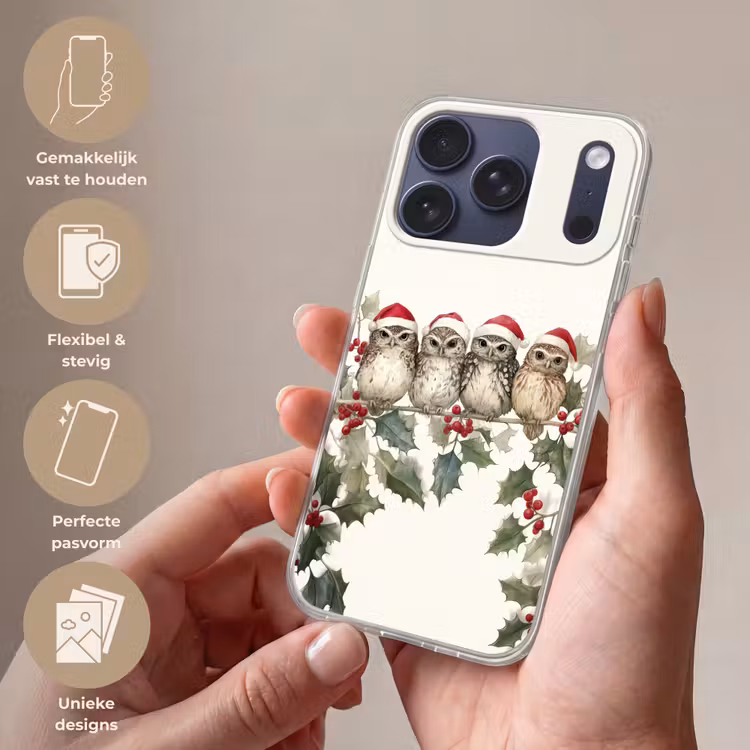 Uilen - Tak - Hulstblaadjes - Kerstmuts Telefoonhoesje iPhone 17 Pro klein -sfeer3_NL
