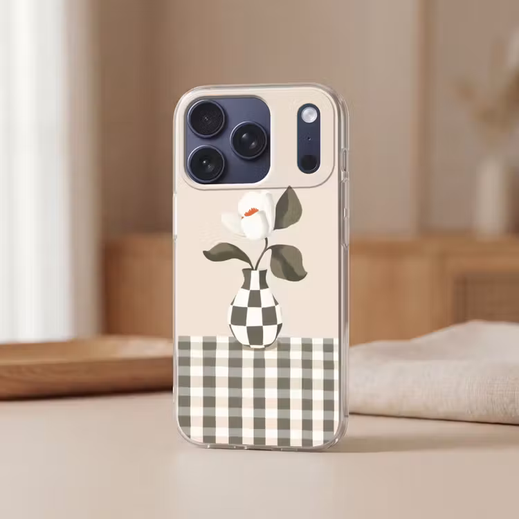 Vaas - Geruit - Groen - Bloem Telefoonhoesje iPhone 17 Pro klein -sfeer2