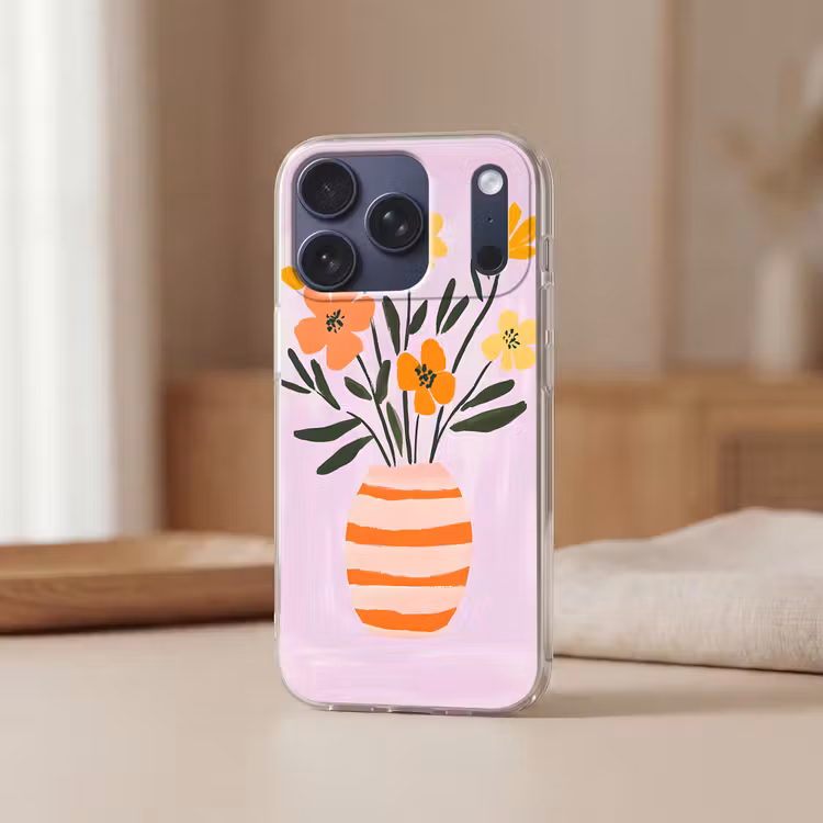 Vaas - Gestreept - Bloemen - Oranje Telefoonhoesje iPhone 17 Pro klein -sfeer2