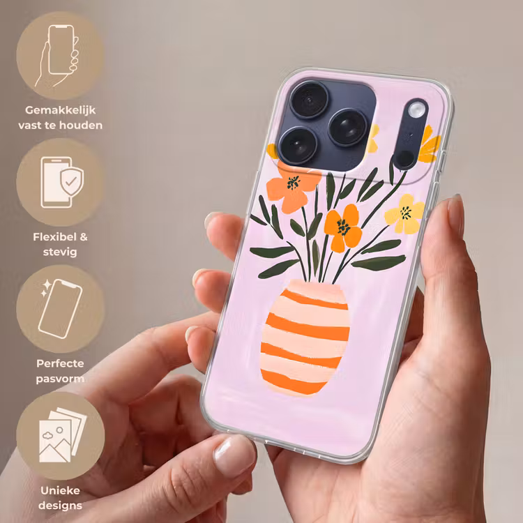 Vaas - Gestreept - Bloemen - Oranje Telefoonhoesje iPhone 17 Pro klein -sfeer3_NL