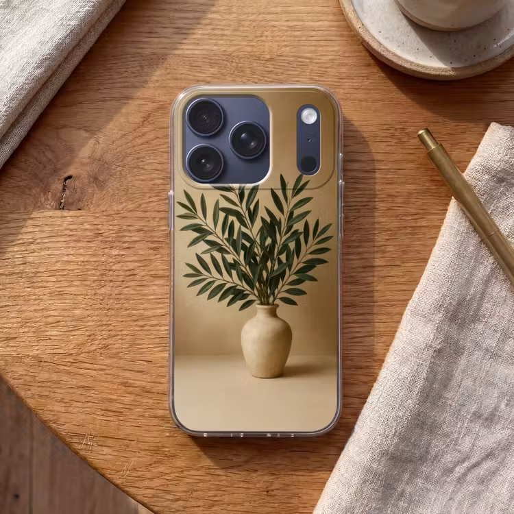 Vaas - Olijftakken - Bladeren - Beige Telefoonhoesje iPhone 17 Pro klein -sfeer1