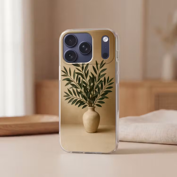 Vaas - Olijftakken - Bladeren - Beige Telefoonhoesje iPhone 17 Pro klein -sfeer2