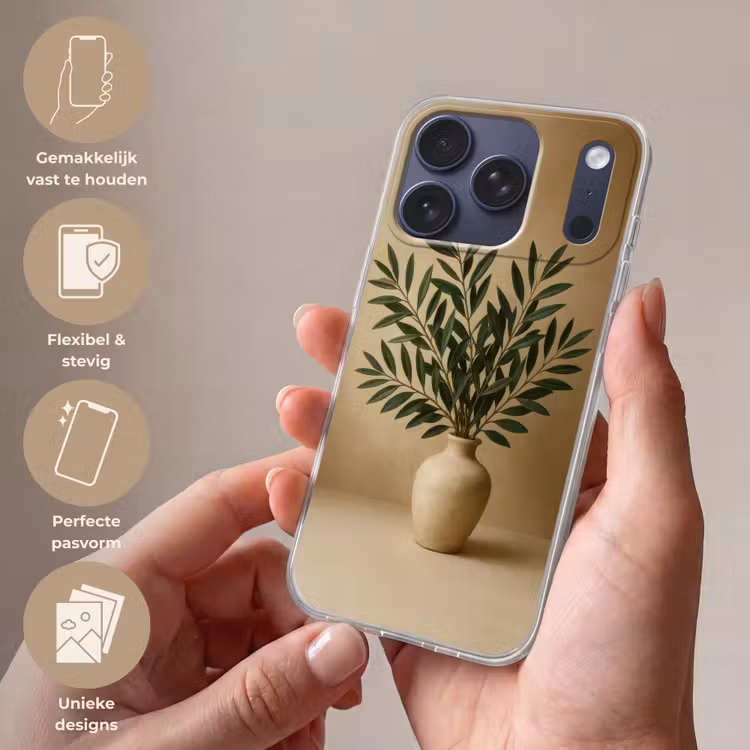 Vaas - Olijftakken - Bladeren - Beige Telefoonhoesje iPhone 17 Pro klein -sfeer3_NL