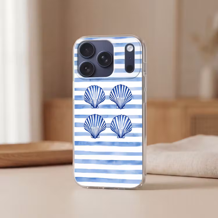 Vier schelpen - Blauw - Wit - Strepen Telefoonhoesje iPhone 17 Pro klein -sfeer2