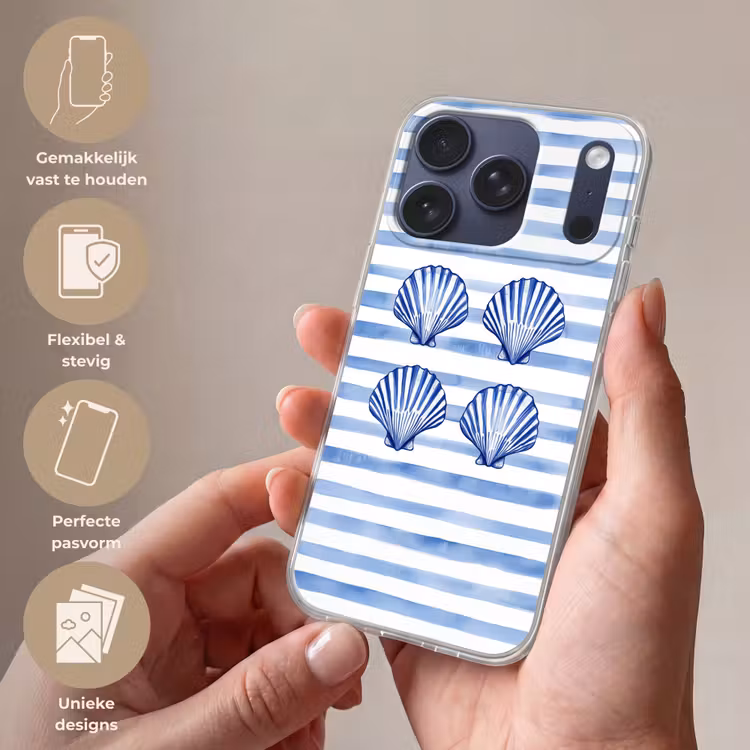 Vier schelpen - Blauw - Wit - Strepen Telefoonhoesje iPhone 17 Pro klein -sfeer3_NL