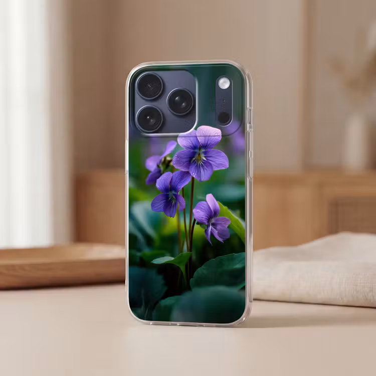 Viooltjes - Paars - Bloem - Bladeren Telefoonhoesje iPhone 17 Pro klein -sfeer2
