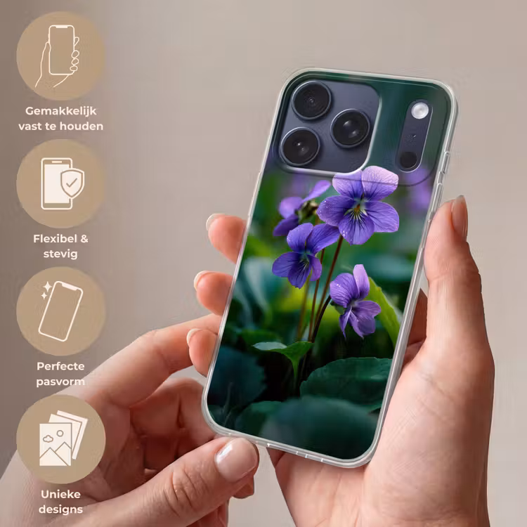 Viooltjes - Paars - Bloem - Bladeren Telefoonhoesje iPhone 17 Pro klein -sfeer3_NL