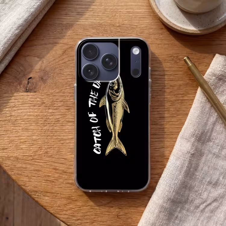 Vis - Zwart - Goud - Tekst Telefoonhoesje iPhone 17 Pro klein -sfeer1