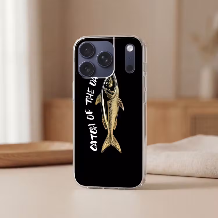 Vis - Zwart - Goud - Tekst Telefoonhoesje iPhone 17 Pro klein -sfeer2
