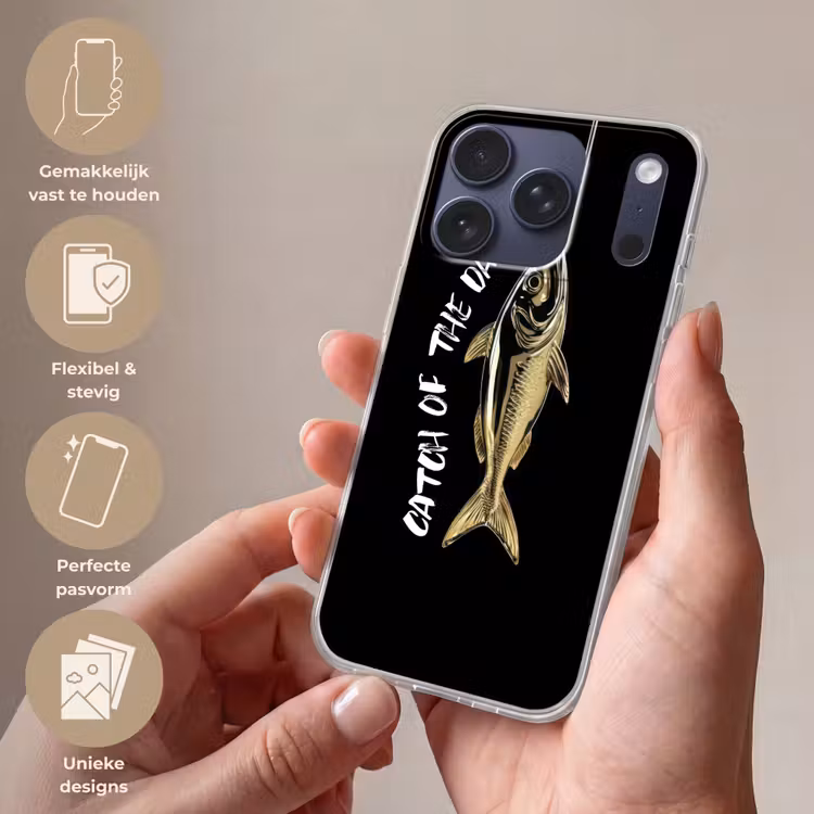 Vis - Zwart - Goud - Tekst Telefoonhoesje iPhone 17 Pro klein -sfeer3_NL