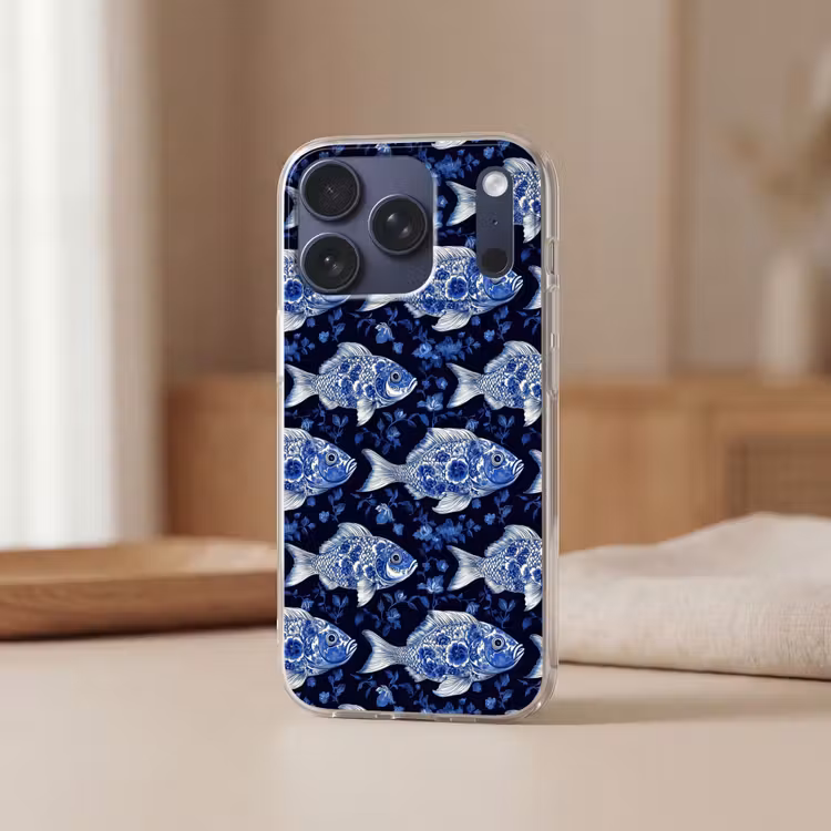 Vissen - Bloemen - Blauw Telefoonhoesje iPhone 17 Pro klein 878 -sfeer2