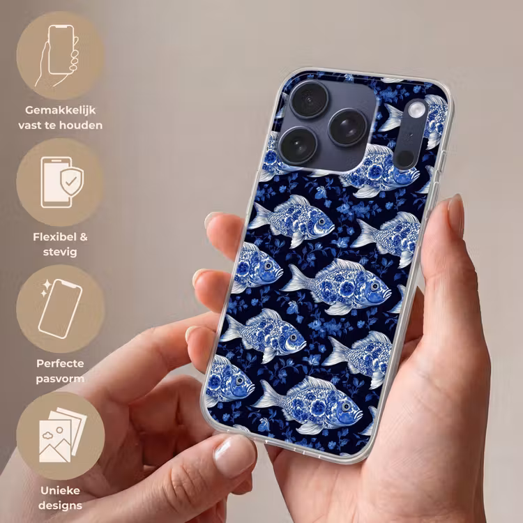 Vissen - Bloemen - Blauw Telefoonhoesje iPhone 17 Pro klein 878 -sfeer3_NL