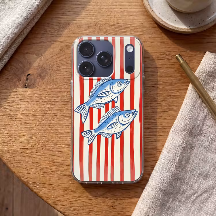 Vissen - Verticale strepen - Blauw - Rood Telefoonhoesje iPhone 17 Pro klein -sfeer1