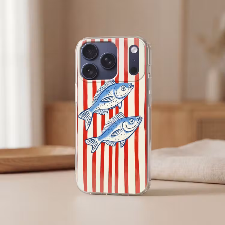 Vissen - Verticale strepen - Blauw - Rood Telefoonhoesje iPhone 17 Pro klein -sfeer2