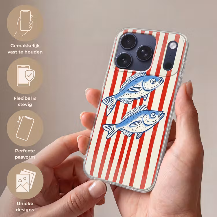 Vissen - Verticale strepen - Blauw - Rood Telefoonhoesje iPhone 17 Pro klein -sfeer3_NL