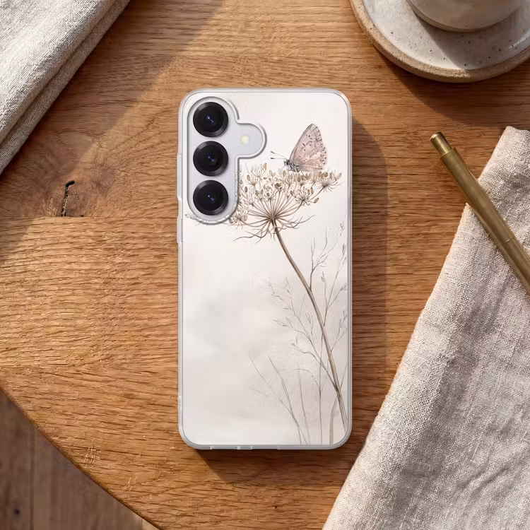 Vlinder - Bloem -Natuur - Beige Telefoonhoesje Samsung Galaxy S26 klein -sfeer1
